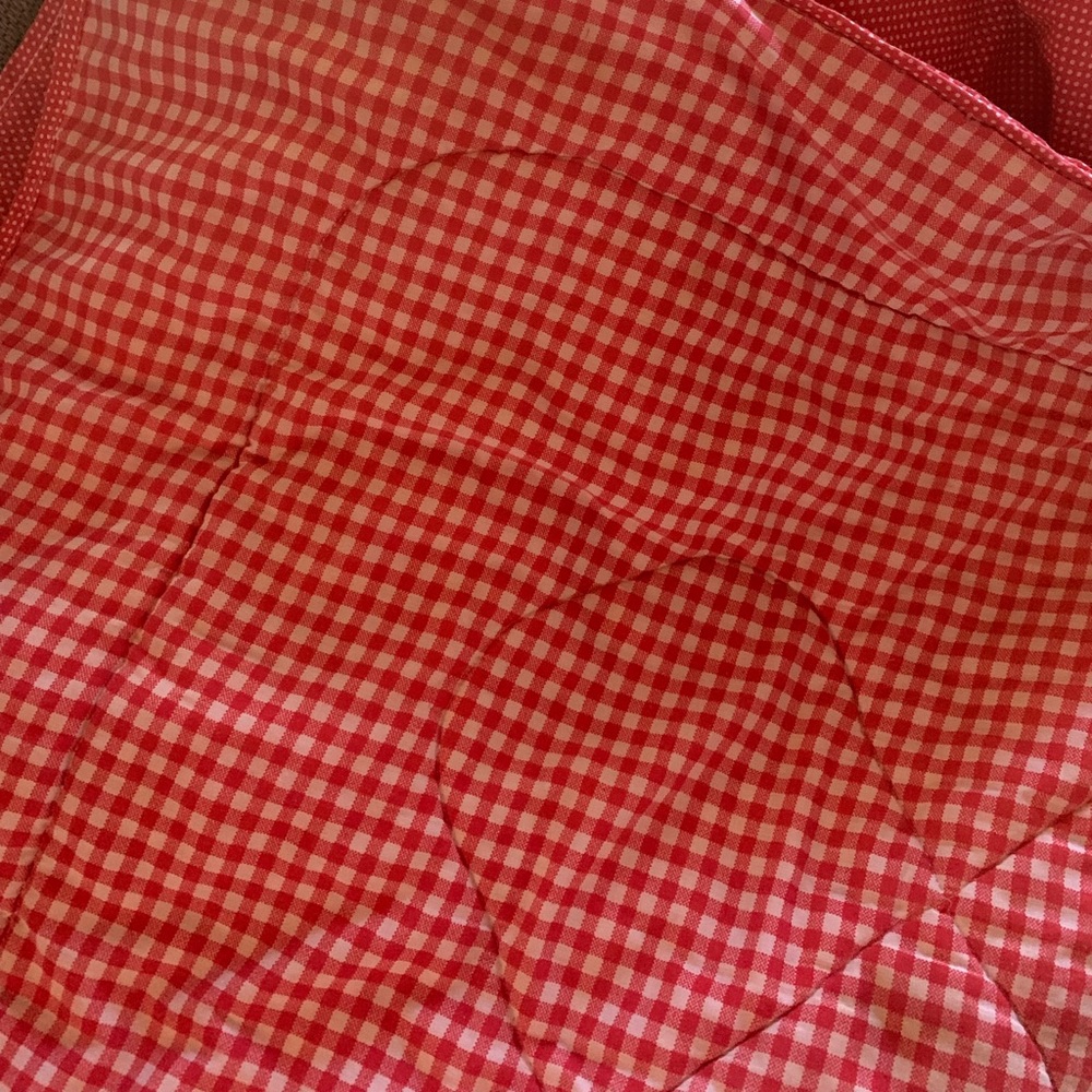 Red and white reversible twin comforter.  And pillow sham